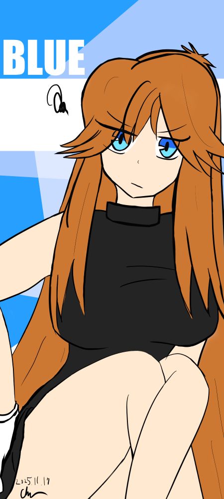 Jun's flat-colored sketch of Blue (or Green in English localizations) from Pokémon Special manga (or Pokémon Adventures in English), now with a starry blue background. "BLUE" is written in white on the top left.

She's sitting on a bench, crossing her legs, with her right hand on her hip, and an annoyed expression on her face.

Jun's signature and the date of completion can be seen on the bottom left.

Cropped in 9:20 aspect ratio, suitable as background on Samsung phones.