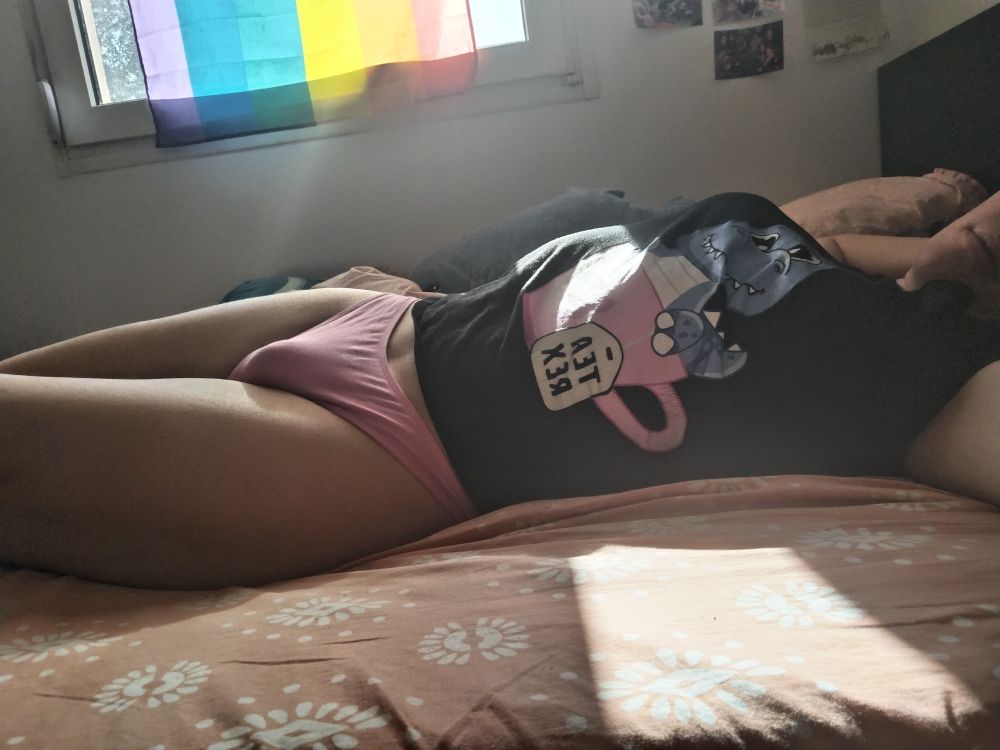 Selfie d'une meuf allongée sur un lit avec un t-shirt bleu et une culotte rose.
Sur son t-shirt est dessiné un t-rex dans une tasse de thé estampillée "tea Rex" 