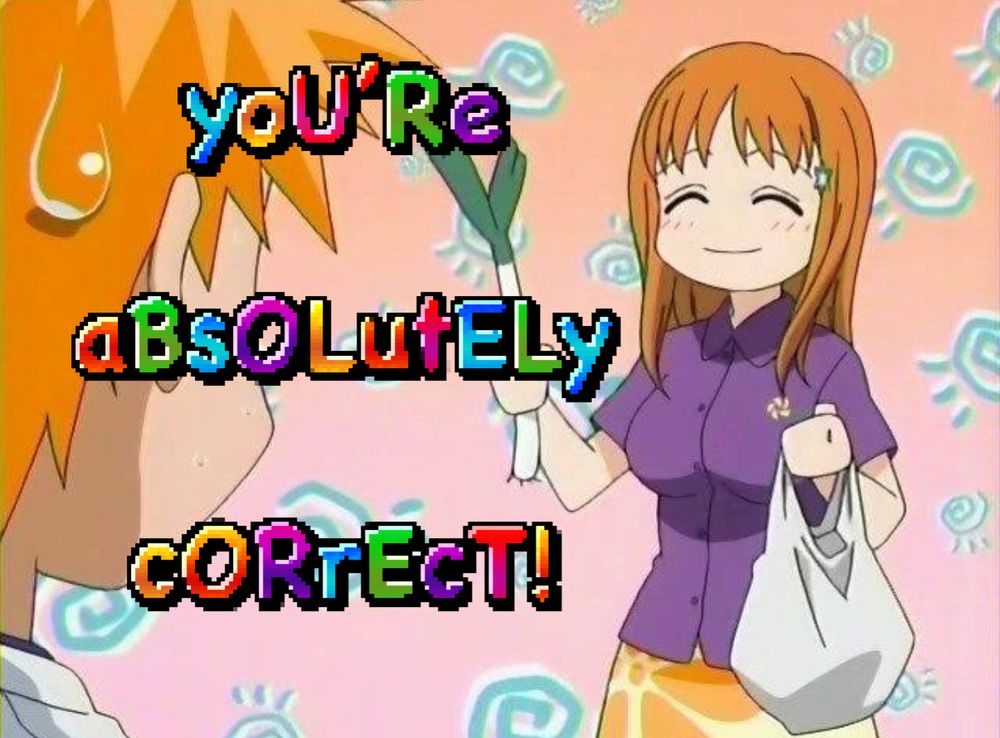 classic orihime with leek meme, but with multicolored "you're absolutely correct" overlaid on top of it