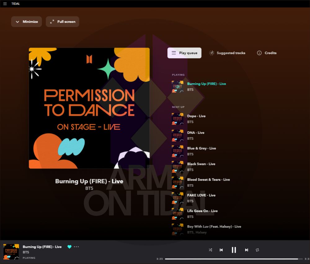 screenshot of Tidal interface playing Permission to Dance on Stage live album. The currently playing track is FIRE