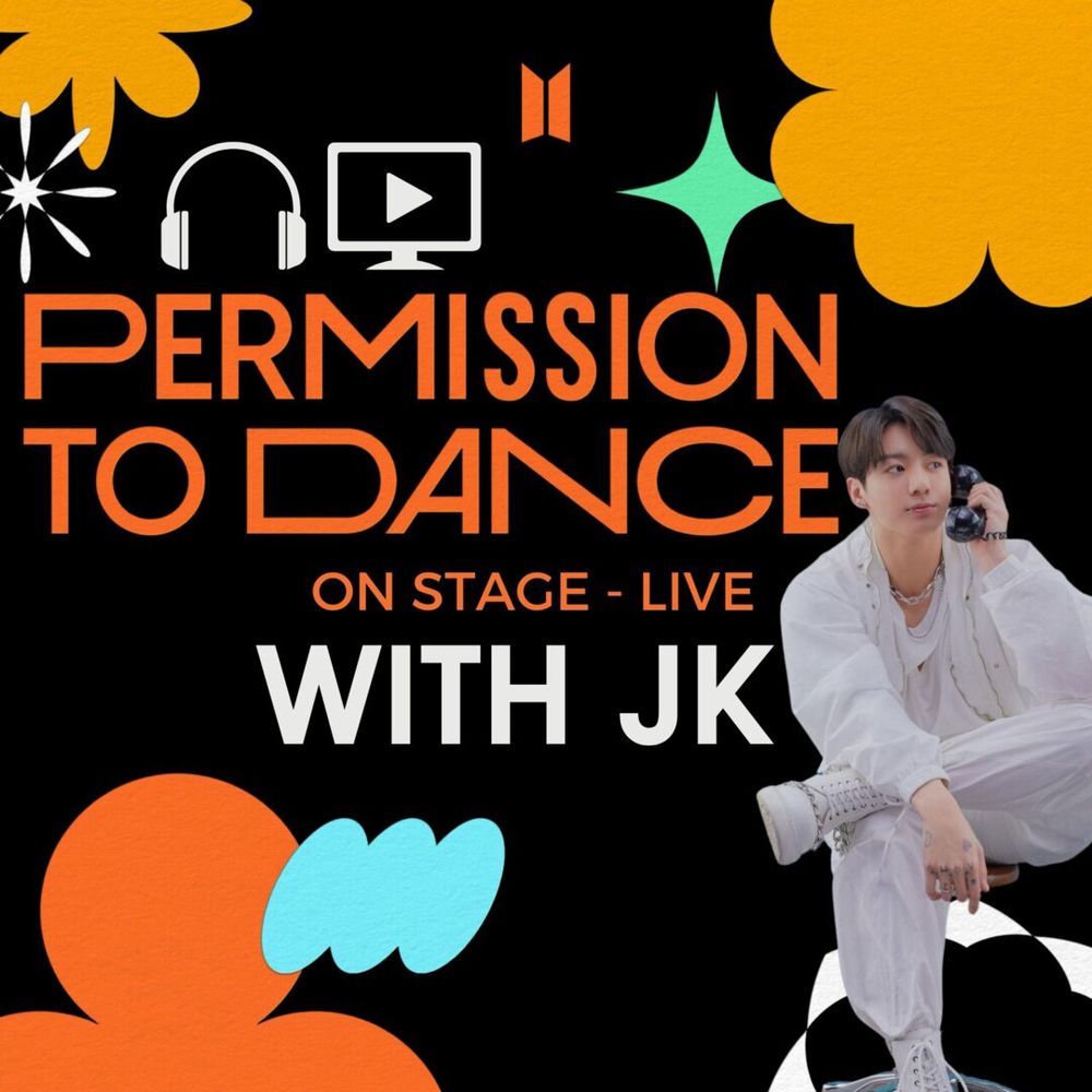 Playlist cover art for Permission to Dance with JK playlist featuring PTD geometric shapes & Jungkook seated on a corded black phone. From PTD Live Concept photo promo pictures.
