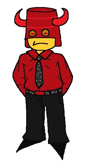 My Original design for MrDoombringer, a robloxian with yellow skin, a red bucket helmet with horns, a red button up shirt, black slacks, and a black belt and tie speckled with white dots.