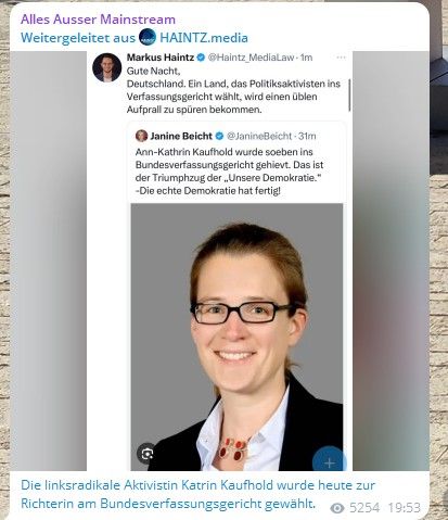 TG Post von Schiffmann und Haintz: Ein Foto von der neu gewählten Verfassungsrichterin Kaufhold. 
"Die linksradikale Aktivistin Katrin Kaufhold wurde heute zur Richterin am Bundesverfassungsgericht gewählt."
"Gute Nacht, Deutschland. Ein Land, das Politikaktivisten ins Verfassungsgericht wählt, wird einen üblen Aufprall zu spüren bekommen."
"Ann-Kathrin Kaufhold wurde soeben ins Bundesverfassungsgericht gehievt. Das ist der Triumphzug der "Unsere Demokratie (sic). Die echte Demokratie hat echt fertig."