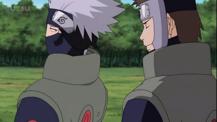 Kakashi looking over his shoulder with an unimpressed expression  at Yamato, who is grinning with his eyes closed