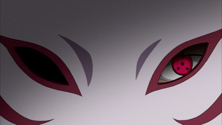 Close up of Kakashi's eyes seen through his anbu mask. One eye is blackened out, the other flashes with the Sharingan.