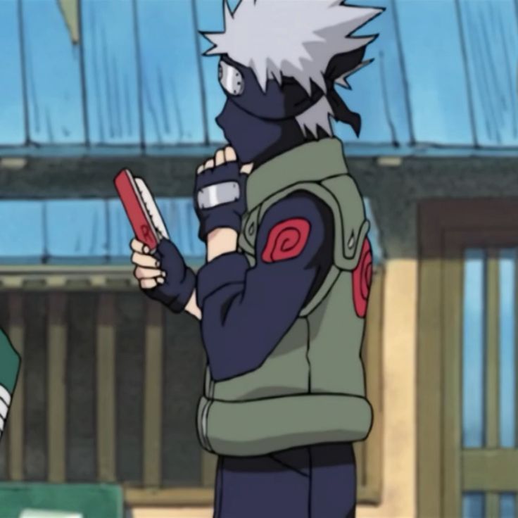 Side-view of Kakashi reading Icha-Icha violence with his free hand clasping his chin. The background is a house with a blue roof