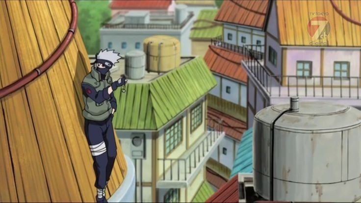 Side view of Kakashi standing on a thin edge of a rooftop,holding his bells, many houses are seen behind him