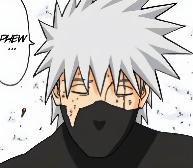 Coloured mangacap of Kakashi with both his eyes closed saying "phew" his mask is torn and he has no vest.