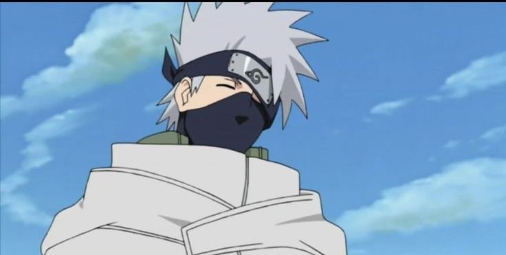 Kakashi looking to the side and smiling, he has the missions white cloak on