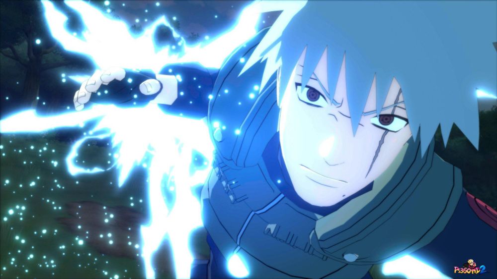 Kakashi looking angrily ahead at the camera as he charges up chidori behind him, he is maskless