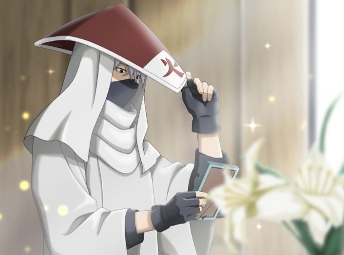 Official art from ultimate ninja voltage of Kakashi in his Hokage robes holding a picture frame in front of himself. He's looking down at it somberly, his other hand is on the brim of the Hokage hat. 

There are sparkles all around him and light coming from a window, white Lillie's are seen blurry in the foreground