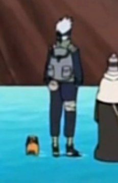 Low HD screenshot of Kakashi with his hands in his pockets and staring up while standing on water, Pakkun and Chiyo are by his side, they all have their backs to the viewer.