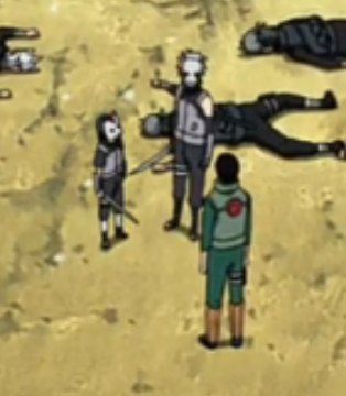 Anbu Kakashi and Itachi staring at Gai, swords in hand and many dead bodies behind them