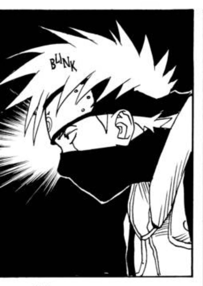 Panel of Kakashi looking to the side seriously with a dramatic black with a white flash background. There is a caption reading "blink"