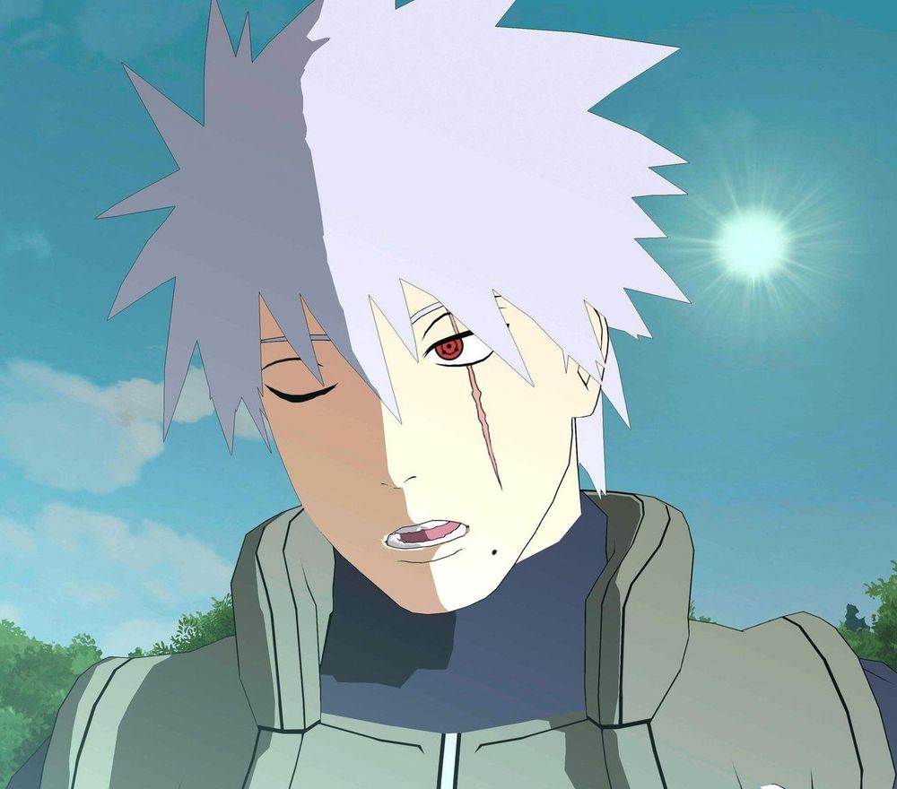 Maskless Kakashi looking to the side with his non-sharingan eye closed, he looks bored and his mouth is a little open. The sun is behind him