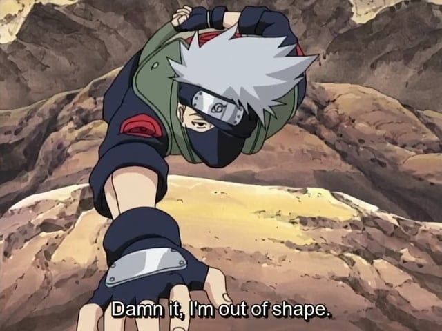 Adult Kakashi climbing a cliff with one hand behind his back, as shown from above