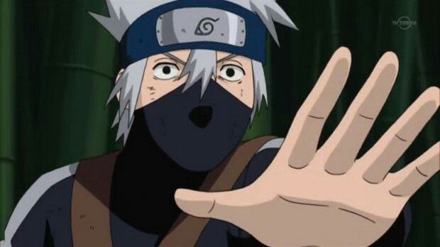 Kid Kakashi looking shocked with an hand outstretched 