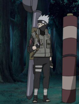 Kakashi standing idly with a huge scroll holster strapped over his shoulder. One of his hands is pulling the strap and he is looking forward with half-lidded eyes. In front of him is a huge red scroll.