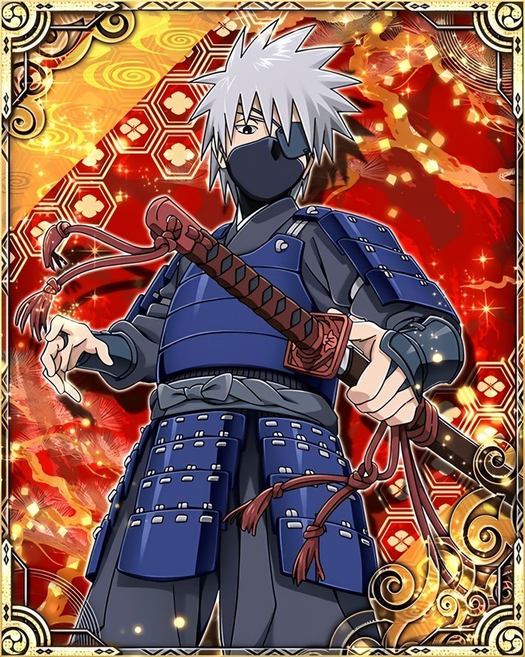 Shinobi collection art of Kid Kakashi dressed in blue Samurai armour and holding a red katana in the hand closest to the viewer while the other is raised by his side. He is looking down and to the right, one of his eyes has an eye patch. The background is red with Goldeen decor