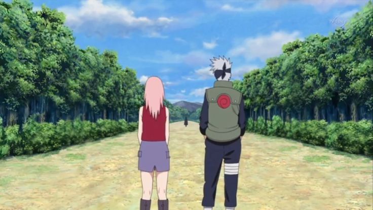 Sakura and Kakashi standing side by side with their backs to the viewer, watching Sasuke retreat in the distance