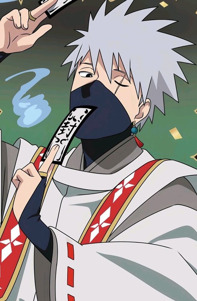 Official art of Kakashi as an onmyoji. He is wearing a traditional onmyoji outfit sans the hat, his usual mask and green and red earrings. He is posing with seal tags, one over his face and one above him,his Sharingan eye is closed