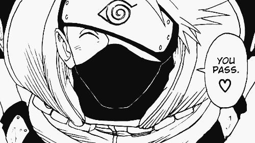 Mangacap of Kakashi leaning forward and smiling as he says "you pass <3" with his hands on his hips