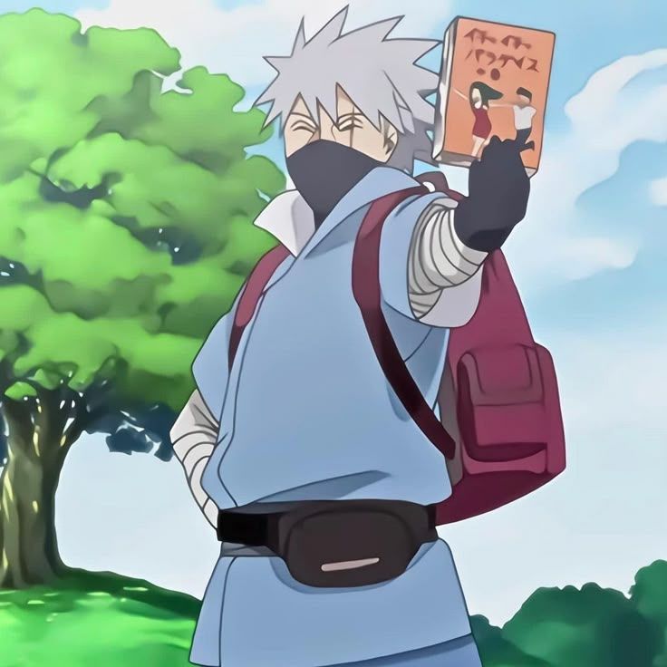 Screenshot of Kakashi in his vacation outfit, holding up Icha-Icha to the viewer while smiling. Behind him is a hill with a tree, the sun shines brightly on him.