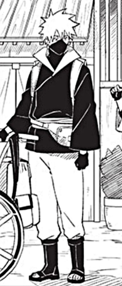 Mangacap of tourist outfit Kakashi standing, he is looking toward Mirai off-screen while his hand opposite to her holds gai's wheelchai