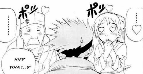 Mangacap of Kakashi with his back to the camera, a drop of sweat running down his head. In front of him are teuchi and Ayame, both speechless with hearts above their heads and blushing, Ayame has heard eyes and is clutching her hands in front of her body. Kakashi is thinking "hn? What..?"