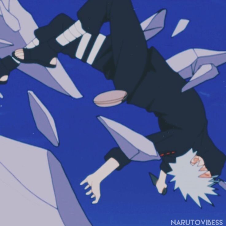 Kakashi in that air upside down with his legs bend, holding a kunais with the hand far from the screen, debris falling around him. There is a "Narutovibes" watermark on the corner
