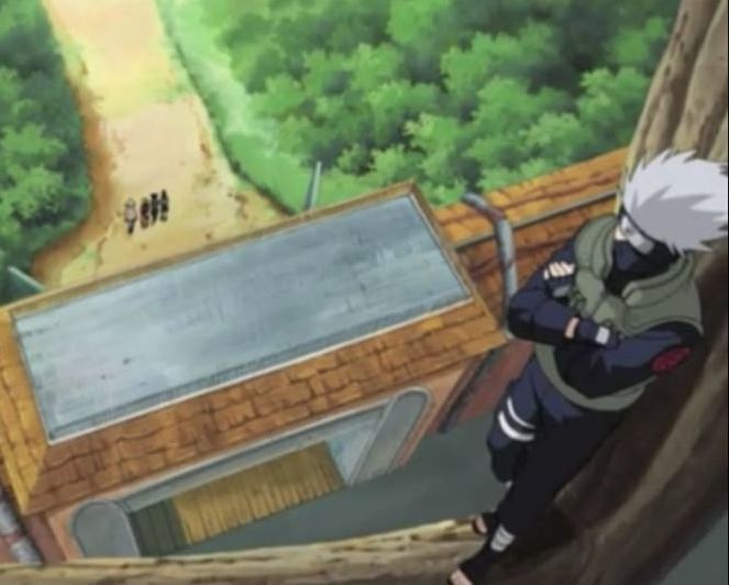Bird eye view of Kakashi standing atop a tree with his arms crossed, beneath him are the gates to konoha and 4 people walking together 