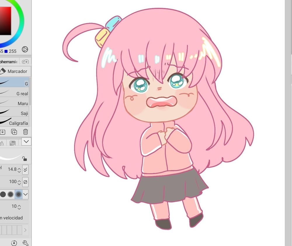 Chibi Drawing of Hitori gotoh from the anime bocchi the rock, expression is a little frightened and her hands are together like hugging herself