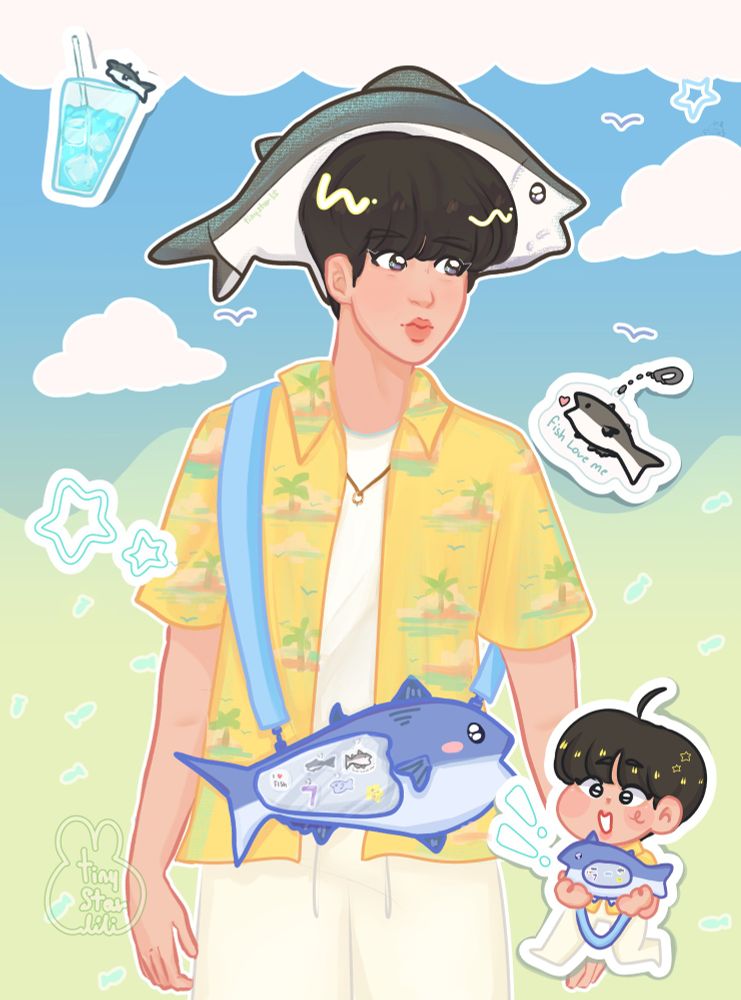 Fanart of Seokjin from bts using a tuna fish shaped ita bag with keychaings and pins, he is also using a tuna fish hat 