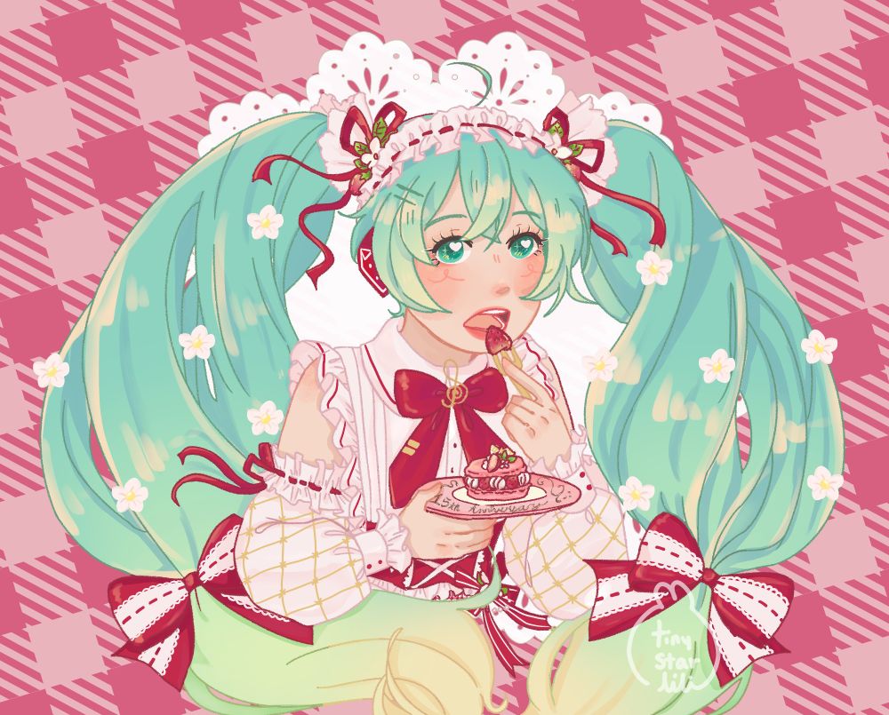 Drawing of Hatsune miku 15th anniversary, strawberry minu 