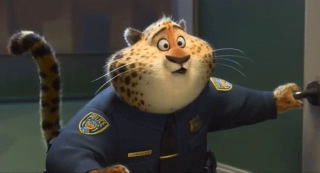 a cartoon cheetah wearing a police uniform stands in front of a door