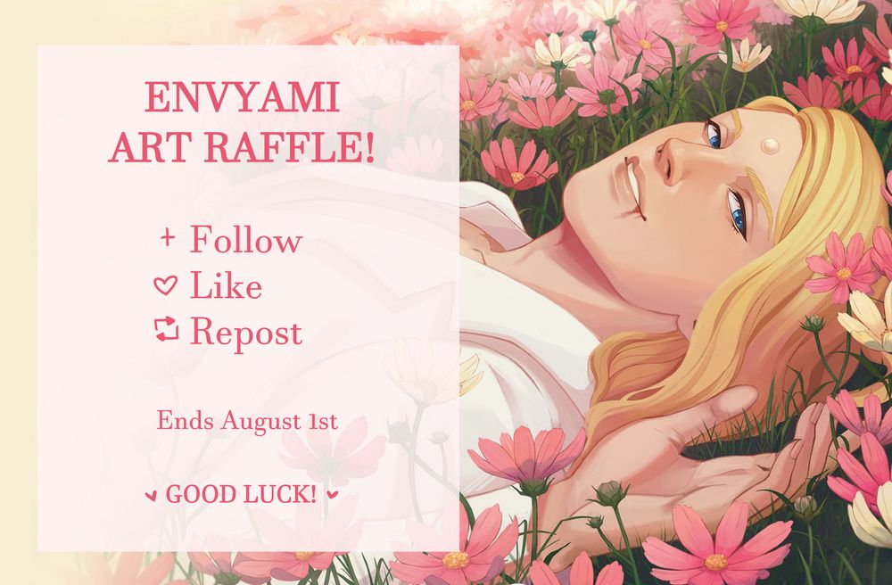 Close-up of Zenos with the caption "ENVYAMI ART RAFFLE" and instructions on how to enter the raffle: Follow, Like, Repost. Ends August 1st.