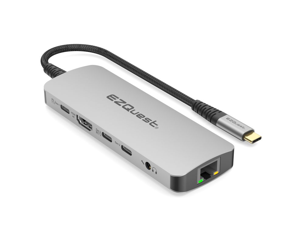 A USB C hub featuring three USB C ports, an HDMI port, a headphone/microphone port and an ethranet port.