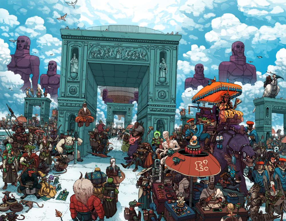 Art of 5 grand arches. Behind the arches are 4 grand humanoid statues. The sky is a vibrant blue. The statues, sky and arches contrast with the crowds of people standing in front of them, which use not reds, browns and beiges. Seeming to separate the celestial tones of the sky and structures against the earthly tones of regular mortal people.