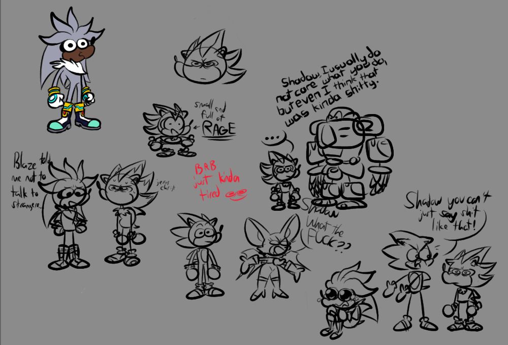 a doodle page involving the sonic characters silver, mephiles, sonic, rouge, shadow, and omega