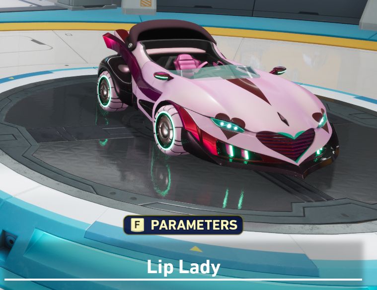 a custom machine from sonic racing crossworlds named "Lip Lady". it has decals placed above its headlights and grill that make it look like it is wearing eyeshadow and lipstick