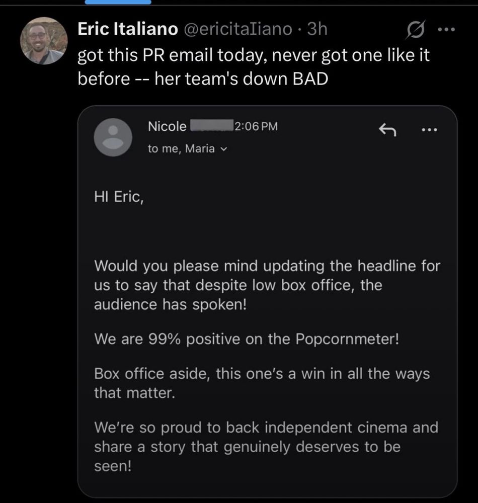 Screenshot of Tweet containing a screenshot of email text, allegedly from Sidney Sweeney’s PR people, requesting positive spin on the abysmal opening weekend for her latest effort
