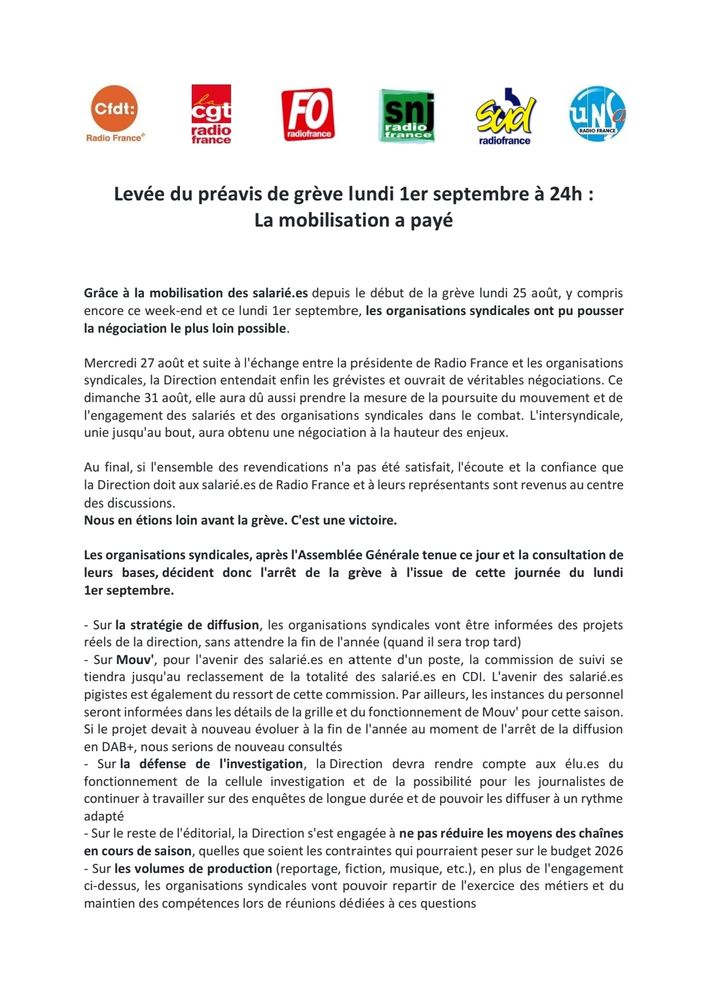 Communiqué de sortie de grève par l’intersyndicale de Radio France, reprenant l’ensemble des points acquis en négociation
