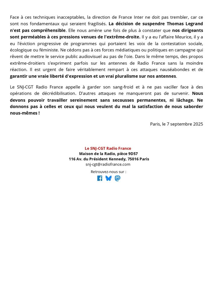 Communiqué du SNJ-CGT après la suspension de l’éditoraliste Thomas Legrand par France Inter (suite et fin)