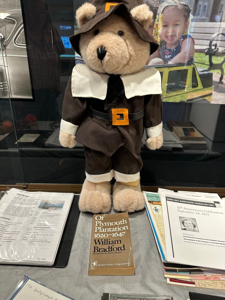 A bear dressed as M Standish from Plymouth on the display table 