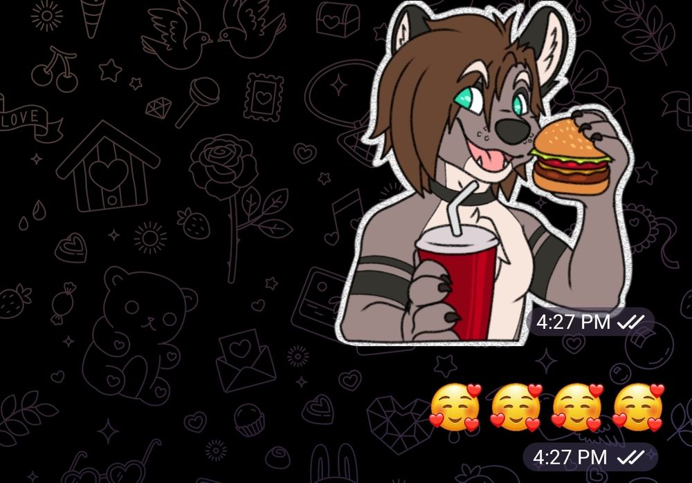 Telegram chat usage of Ayenborg sticker :3
Underneath the sticker are four heartface emojis. 4:27pm end message. Thanks El'Roc! 💜 