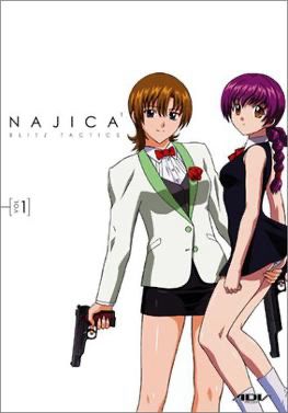 Screen shot of Najica Blitz Tactics. Two girls holding guns. Both are in short dresses, and the younger one’s skirt is at such an angle that you can see her underwear. Being able to character’s skirts was a major style for the show.