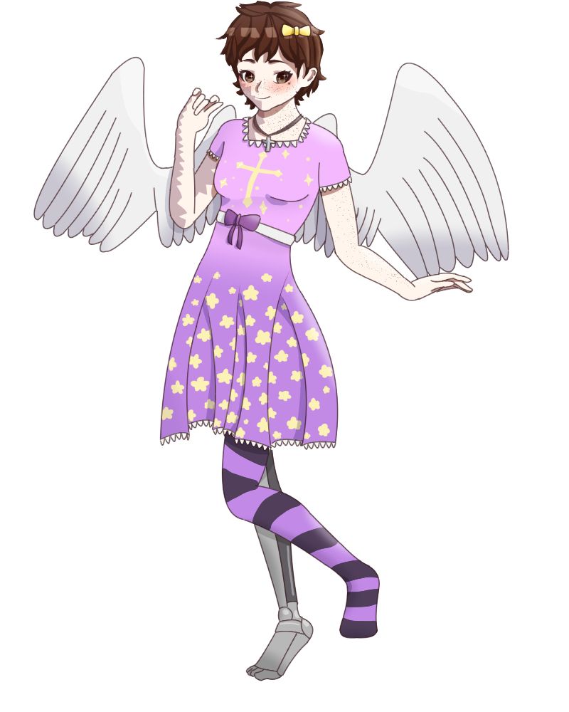 A drawing of Ustengrav's OC. The OC has short, brown hair, brown eyes, a mole under the right eye, scars on the left part of their face, neck and left hand, a robotic left leg and angel wings. They're wearing a purple dress reaching mid-thigh with a yellow cross print on the chest and yellow flowers on the skirt part.