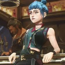 Image shows alternative universe Powder from Arcane leaning on a bar. You can see Vander in the background