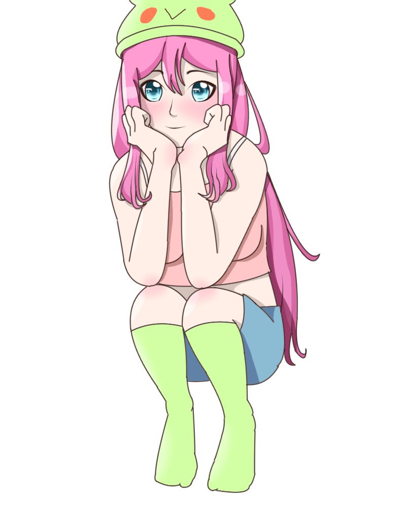 A drawing of Mary's OC sitting on her heels with her chin resting on her hands. The OC has pink hair and blue eyes, dressed in a salmon color tank top, jean shorts, green socks and a green beanie with a frog face print.