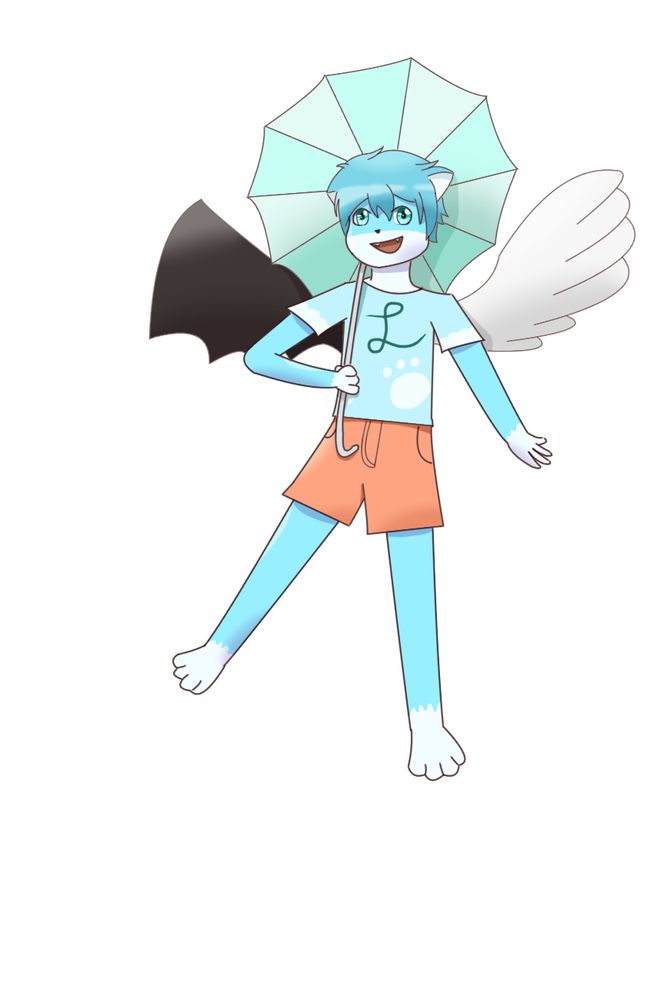 A drawing of Heru - a humanoid cat with wings - one angel wing and one demon one. Heru's fur is light blue with white accents, he's wearing a lighter blue t-shirt with a white paw print in the bottom corner and light red shorts. He's holding a teal umbrella.